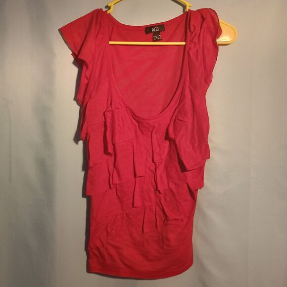 AGB Red Ruffle Front Blouse Women's Size small Scoop Neck Short Sleeve Top - Picture 1 of 5